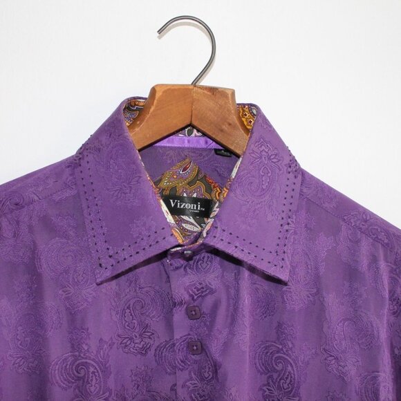 VINTAGE Vizoni Uomo Men's Purple Jacquard Button Down Shirt Size S - Picture 4 of 15